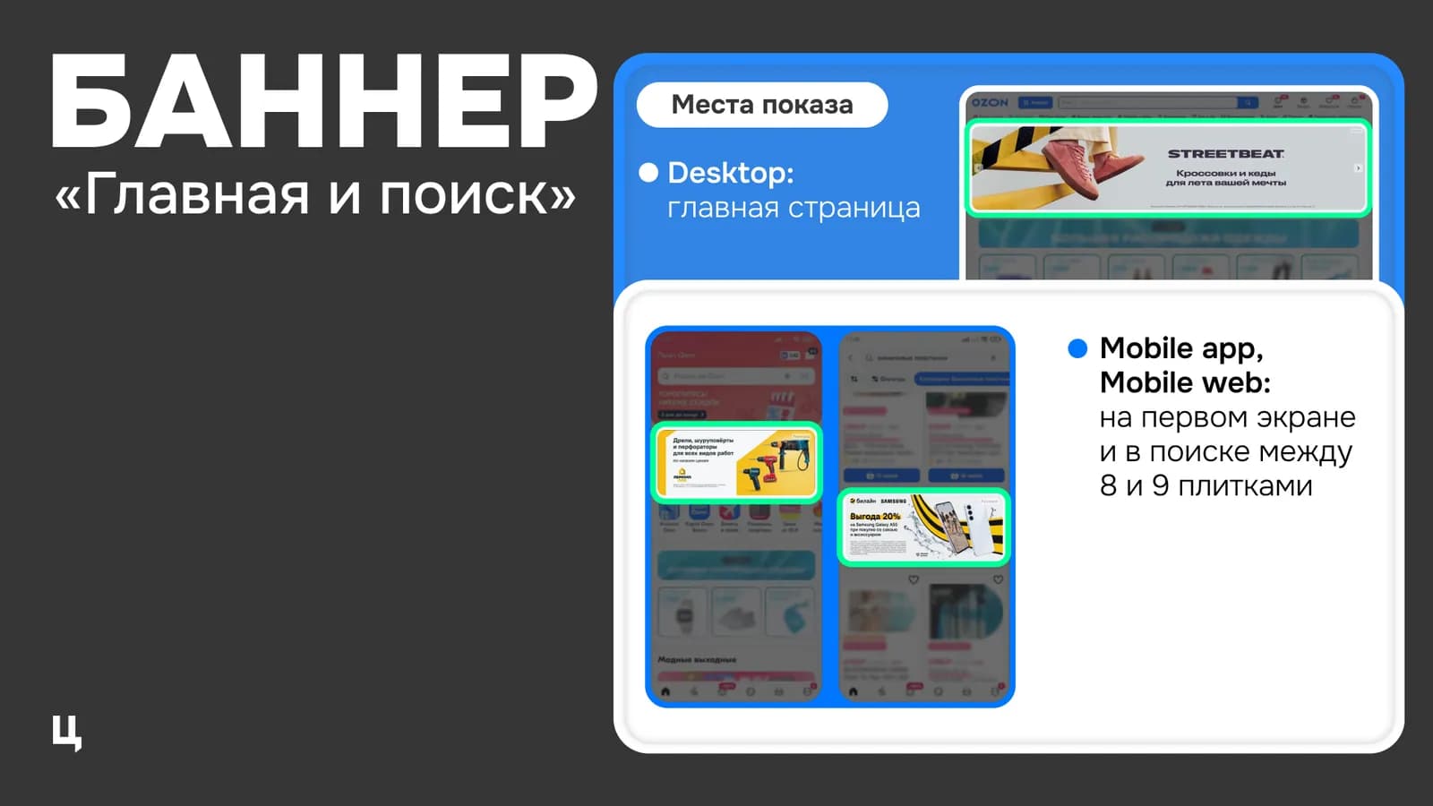 Формат: баннер на главной и в поиске Ozon